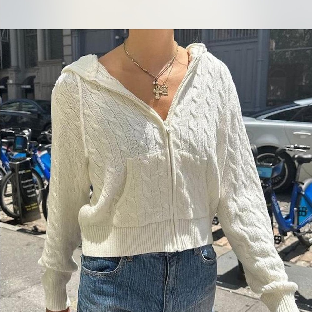 Brandy Melville Ivory Ayla Cable Knit Hoodie Cardigan with Hood
